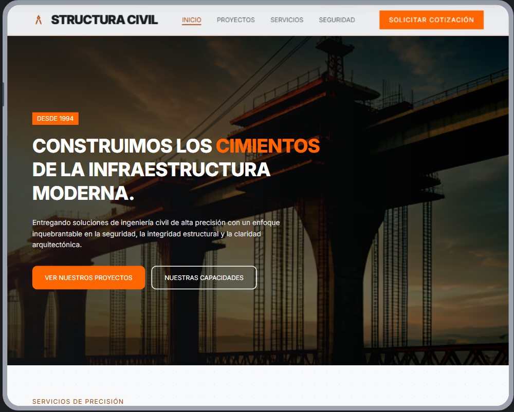 Mockup de hero para sitio corporativo de construcción e ingeniería civil