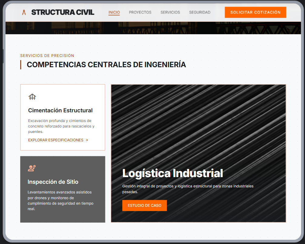 Mockup de sección de servicios para constructora e ingeniería civil