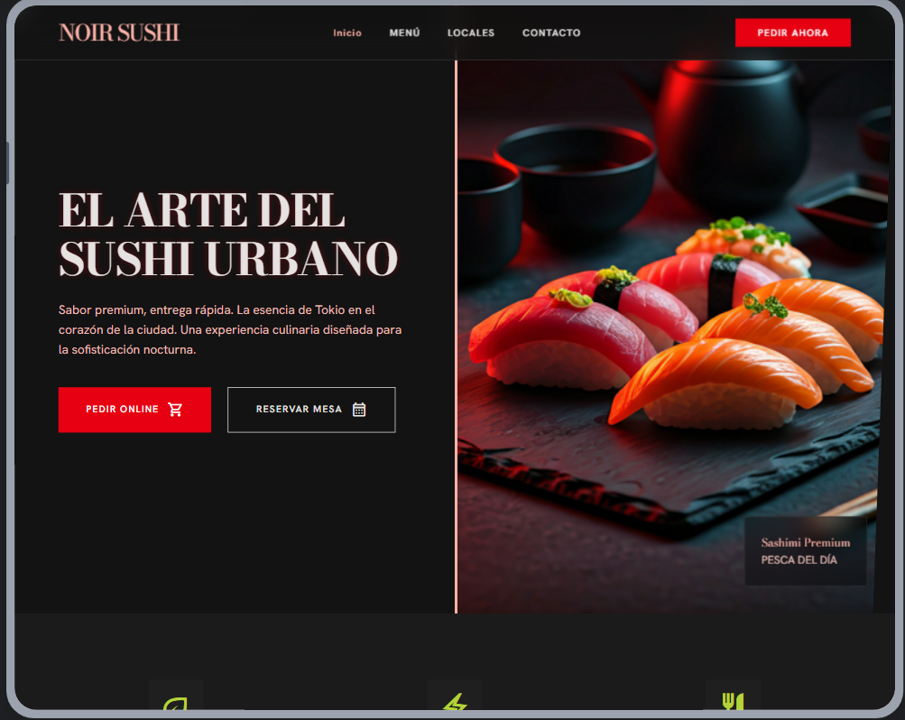 Mockup de hero para restaurante de sushi premium con pedidos y reservas